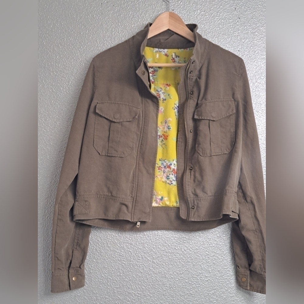 Army Green Cropped Linen Blend Jacket - Picture 4 of 5